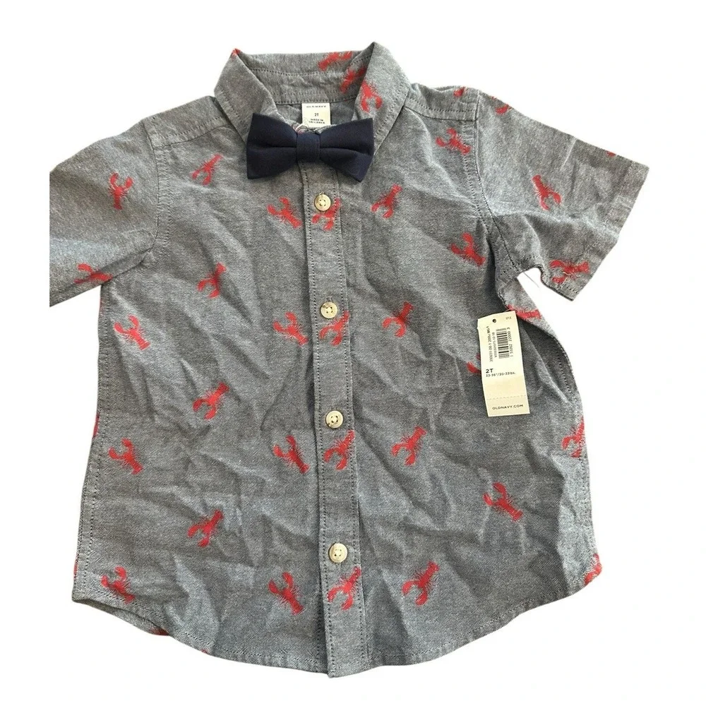 Old Navy Lobster‎ Print Shirt Button Up Bow Tie Toddler 2T NEW Chambray Cotton